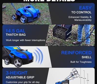 BILT HARD 16" Electric Dethatcher & Scarifier — 15 Amp | Bag Included | 25' Cord