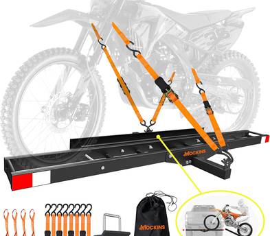 Mockins 500 Lbs. Cap Anti-Tilt Motorcycle Hitch Carrier with Ramp | Weatherproof Steel 73" Dirt Bike Carrier Hitch Mount | Heavy Duty Ebike Hitch Rack | Motorcycle Trailer Mount w/Straps & Stabilizer