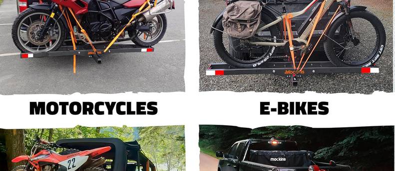 Mockins 500 Lbs. Cap Anti-Tilt Motorcycle Hitch Carrier with Ramp | Weatherproof Steel 73" Dirt Bike Carrier Hitch Mount | Heavy Duty Ebike Hitch Rack | Motorcycle Trailer Mount w/Straps & Stabilizer
