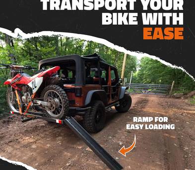 Mockins 500 Lbs. Cap Anti-Tilt Motorcycle Hitch Carrier with Ramp | Weatherproof Steel 73" Dirt Bike Carrier Hitch Mount | Heavy Duty Ebike Hitch Rack | Motorcycle Trailer Mount w/Straps & Stabilizer