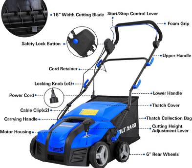 BILT HARD 16" Electric Dethatcher & Scarifier — 15 Amp | Bag Included | 25' Cord
