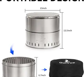15.5 inch Stainless Steel Smokeless Fire Pit with Tote Bag