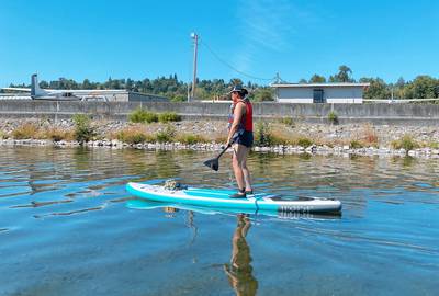 Two (2) SUP stand up paddle boards, complete gear including electric (car plug) pump to inflate/deflate