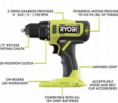 Power Drill Ryobi ONE+ 18V Cordless 1/2 in