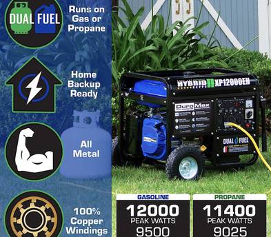DuroMax XP12000EH Generator-12000 Watt Gas or Propane Powered Home Back Up & RV Ready, 50 State Approved Dual Fuel Electric Start Portable Generator