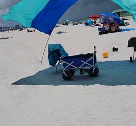 Beach-chair-umbrella-cart-cooler deluxe bundle set up