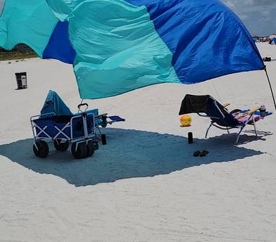 Beach-chair-umbrella-cart-cooler deluxe bundle set up
