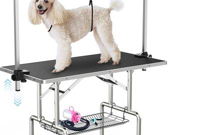 Large Dog Grooming Table, Adjustable Cat Drying Desktop with Arms, Nooses, Mesh Tray, Foldable Pet Station at Home, Maximum Capacity Up to 330Lb, 46inch, Black, 46in