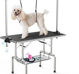 Large Dog Grooming Table, Adjustable Cat Drying Desktop with Arms, Nooses, Mesh Tray, Foldable Pet Station at Home, Maximum Capacity Up to 330Lb, 46inch, Black, 46in
