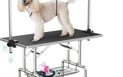 Large Dog Grooming Table, Adjustable Cat Drying Desktop with Arms, Nooses, Mesh Tray, Foldable Pet Station at Home, Maximum Capacity Up to 330Lb, 46inch, Black, 46in