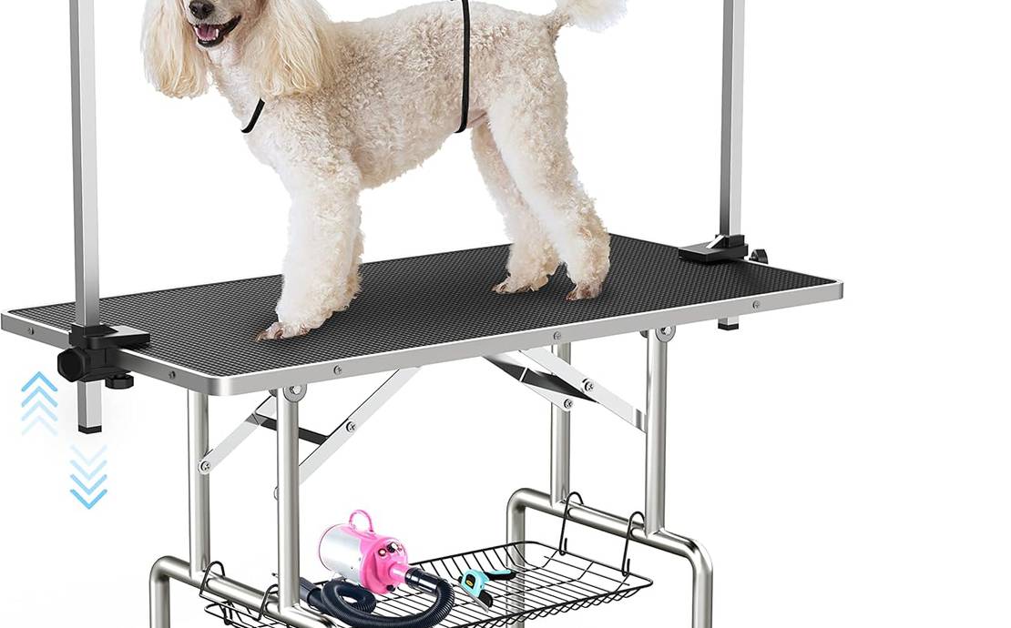 Large Dog Grooming Table, Adjustable Cat Drying Desktop with Arms, Nooses, Mesh Tray, Foldable Pet Station at Home, Maximum Capacity Up to 330Lb, 46inch, Black, 46in