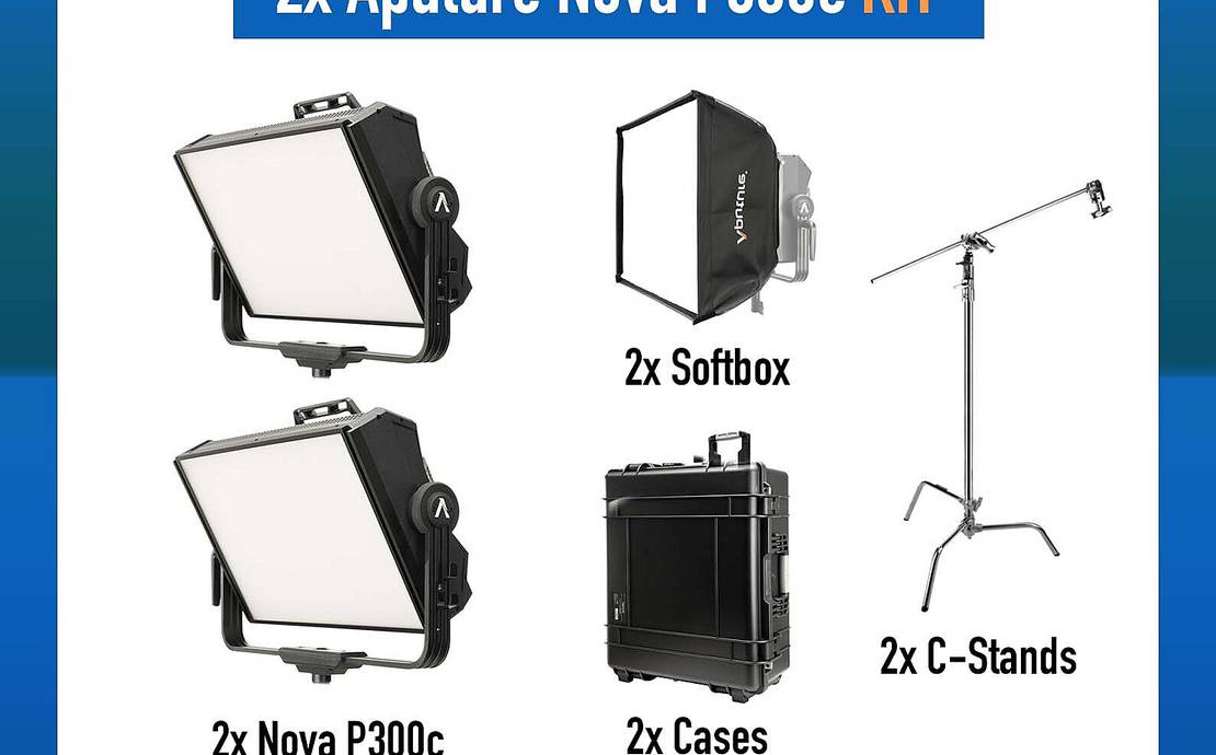 2x Aputure Nova P300c RGBWW Full Color Changing LED Panel with Softbox and case