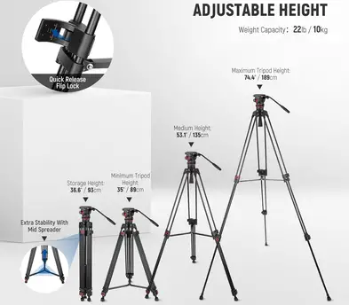 74" Pro Video Fluid Head Aluminum Tripod 22lb/10kg Load- Neewer TP75