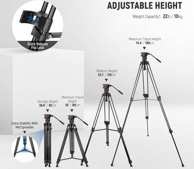 74" Pro Video Fluid Head Aluminum Tripod 22lb/10kg Load- Neewer TP75